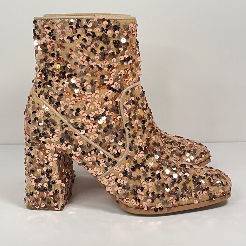 Lisa Vicky Women's Crazed Sequin Ankle Boots Size 8.5 Pink Champagne Block Heel